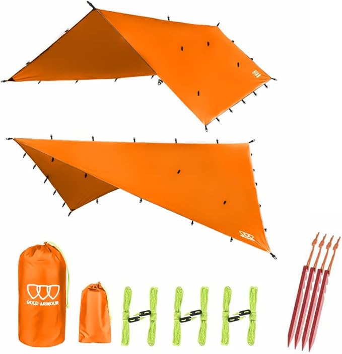 Gold Armour Rainfly Tarp Hammock, Premium 14.7ft/12ft/10ft/8ft Rain Fly Cover, Waterproof Ultralight Camping Shelter Canopy, Survival Equipment Gear Camping Tent Accessories (Orange 10ft x 8ft)
