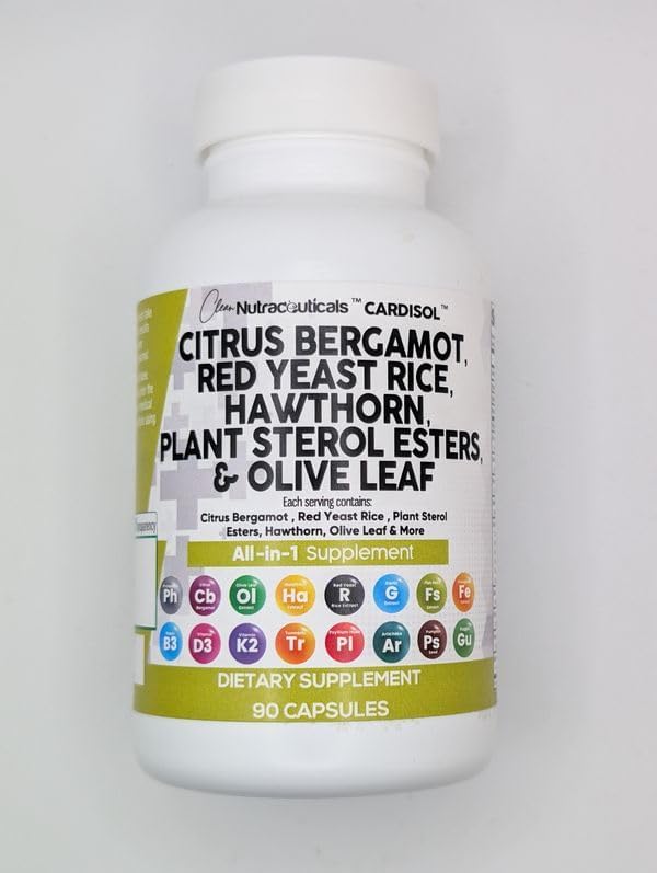 Clean Nutraceuticals Citrus Bergamot Red Yeast Rice Capsules with Plant Sterols - with Hawthorn Extract Olive Leaf Niacin Vitamin K3 D3 COQ10 Guggul & More
