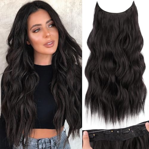KooKaStyle Invisible Wire Hair Extensions with Transparent Wire Adjustable Size 4 Secure Clips Long Wavy Secret Synthetic Hairpiece 20 Inch Dark Brown for Women