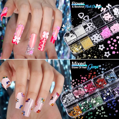 Teenitor Nail Charms Nail Stickers for Nail Art Kit, 8 Boxes Nail Rhinestones Nail Gems Pearls for Nails with 20 Sheets Nail Art Stickers, 3D Gold Nail Charms and Gems Nail Supplies Nail Art Tools