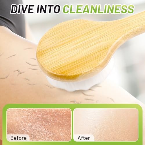 Back Brush for Shower, 17.32'' Long Handle Soft Bristles for Sensitive Skin, Effective for Cleansing, Non Slip Grip, Wall Mounted Dry Quickly, Exfoliation Body Scrubber for Men/Women/Elderly