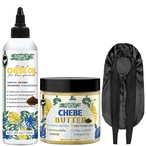 Natural Chebe Hair Oil for Hair Growth Chebe Oil Moisturizer for Scalp, African Chebe Powder for Hair Growth Stronger, Thicker, Longer Hair, 10 in 1 Chebe Hair Growth Oil Braid Bonnet for Sleeping