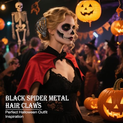 4 PCS Spider Metal Claw Clips, Gothic Hair Claw Clips for Women Girls, Non-Slip Hair Claws for Thick Thin Hair, Spider Web Skeleton Hand Skull Medium Hair Accessories for Women Halloween Party (Black)