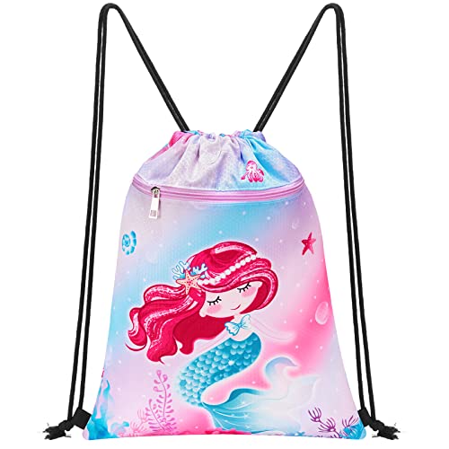 WAWSAM Mermaid Drawstring Backpack for Kids - 13" x 18" Sports Gym Bag for Girls Waterproof Beach Swimming Travel Sackpack Birthday Christmas Gift with Zippered Pocket