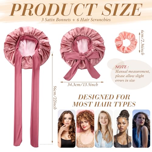 9 Pcs Satin Bonnet Set Include 3 Pcs Silk Bonnets for Sleeping and 6 Pcs Hair Scrunchies Satin Bonnet for Women Double Layer Hair Bonnets Silk Sleeping Cap Elastic Tie Band Cap(Dark)