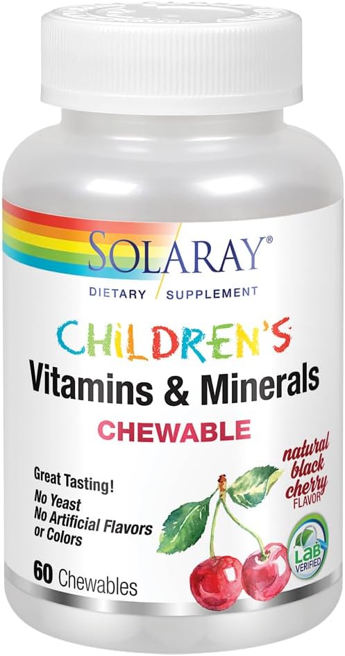 SOLARAY Childrens Vitamins & Minerals Complete Multivitamin for Kids Great Black Cherry Flavor (076280047974) (60 Chews, 30 Serv)