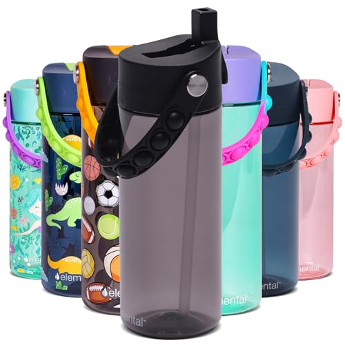 Elemental Leak Proof Water Bottles for Kids - Splash Kids Water Bottle for School with Fun Fidget Pop-it Handle - BPA Free Tritan Plastic Reusable Water Bottle with Straw - Black - 18oz