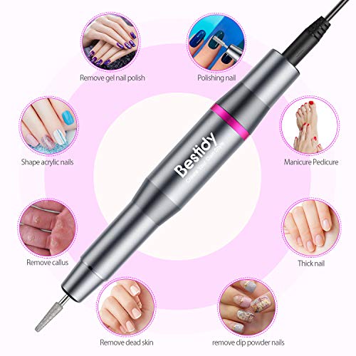 Bestidy Best Gift Electric Nail Drill Kit, USB Manicure Pen Sander Polisher with 6 Pieces Changeable Drills and Sand Bands for Exfoliating, Polishing, Nail Removing, Acrylic Nail Tools (B-Black)