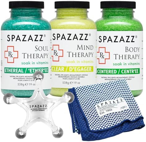 RX Therapy Spa and Hot Tub Aromatherapy Scented Relaxation Bath Salt Crystals - Mind Body and Soul Bundle Gift Set (19 Oz) Includes 5 Point Full Body Massage Tool & Hot Cold Towel (19OZ 3 Pack)