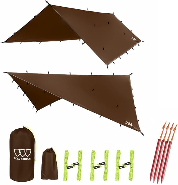 Gold Armour Rainfly Tarp Hammock, Premium 14.7ft/12ft/10ft/8ft Rain Fly Cover, Waterproof Ultralight Camping Shelter Canopy, Survival Equipment Gear Camping Tent Accessories (Brown 12ft x 10ft)