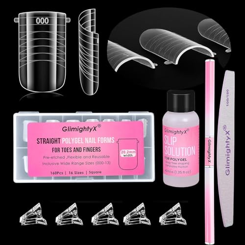 Poly Gel Nail Kit For Toes and Fingers,GlimightyX Straight Flat Dual Forms Reusable for Polygel,Pre-etched No-file Needed, 16 Sizes,with 1.35oz Nail Slip Solution, Dual-Ended Brush,Nail File &5 Clips