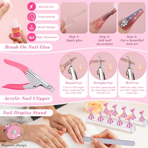 Acrylic Fake Nails Kit Press On Nail Kit with Clear Coffin Nail Tips Nail Display Stand Sequins Sticker Rhinestones Decorations Nail Art Brushes Fine Glitter DIY Nail Art Tool and Supplies