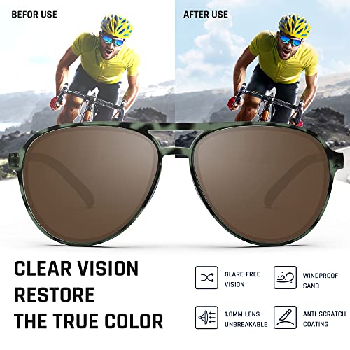 TOREGE Aviator Sunglasses Polarized Sunglasses for Men Women Sports Glasses Fishing Boating Beach Golf Driving TR75(Camouflage Green&Black&Coppery Lens C5)