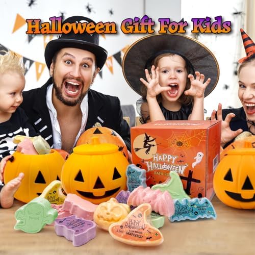 15 Count Halloween Bath Bombs with Pumpkin Bucket, Halloween Spooky Bath Bombs for Kids, Adorable Hallowen Trick o Treat Party Favors for Kids