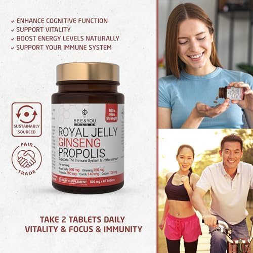 Bee and You Royal Jelly with Ginseng Tablet, Propolis Extract, 60ct, 100% Natural Superfood, Ultra Pure, Immune Support Supplement, Antioxidants, Keto, Paleo, Gluten-Free