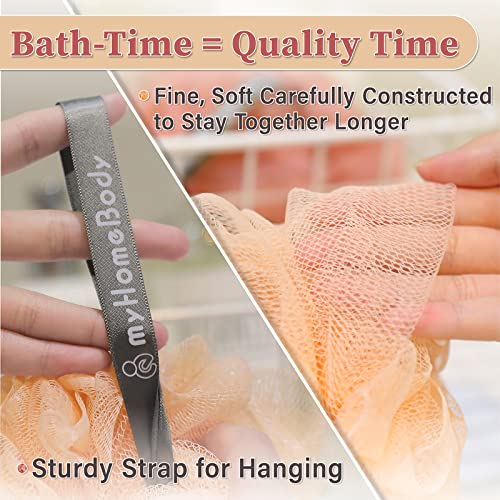 myHomeBody Large 70g Loofah Sponge, Body Scrubber, Bath Sponge, Loofah for Women, Men, Exfoliating Sponge Shower Pouf with Activated Charcoal - 3 Pack, 2 Coral Red + 1 Peach