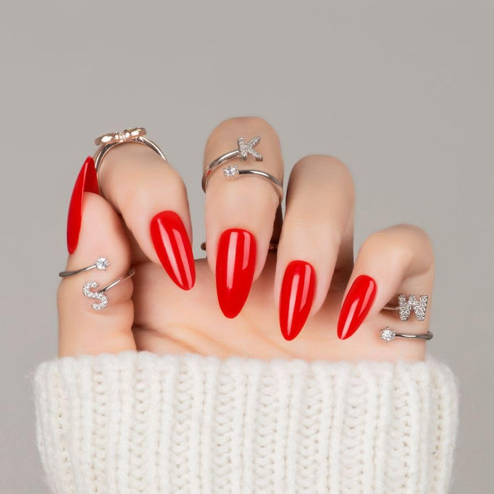 30Pcs Christmas Red Almond Press On Nails Reusable Fake Nails- Supremely Fit & Natural Soft Gel Nails,15 Sizes, Reusable Fake Nails Kit with Gift Box for Women (Warm Red)