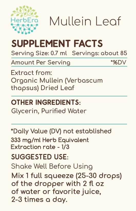 Mullein Leaf B60 Alcohol-Free Herbal Extract Tincture, Super-Concentrated Mullein (Verbascum thapsus) Dried Leaf (2 fl oz)