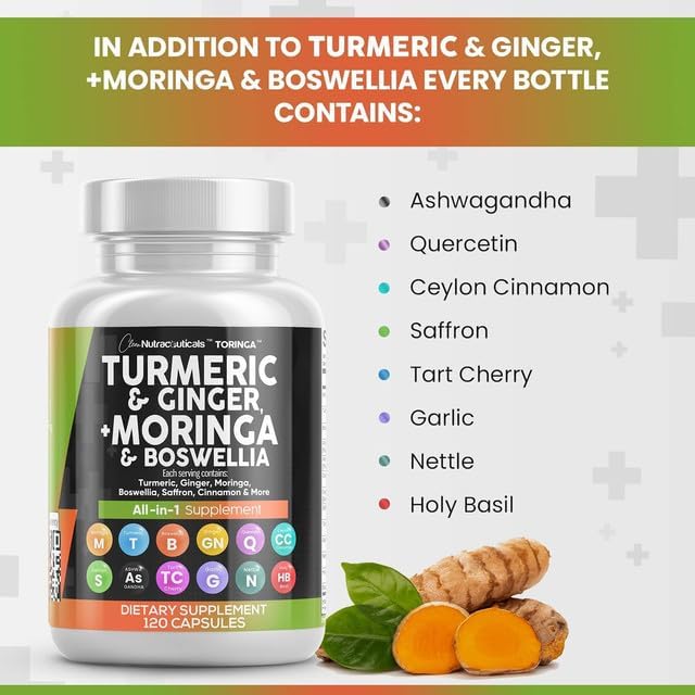 Turmeric Moringa Supplement | Ginger Boswellia Saffron - Supplement for Women and Men with Ceylon Cinnamon, Tart Cherry, Quercetin Garlic Nettle Holy Basil - 2Pack