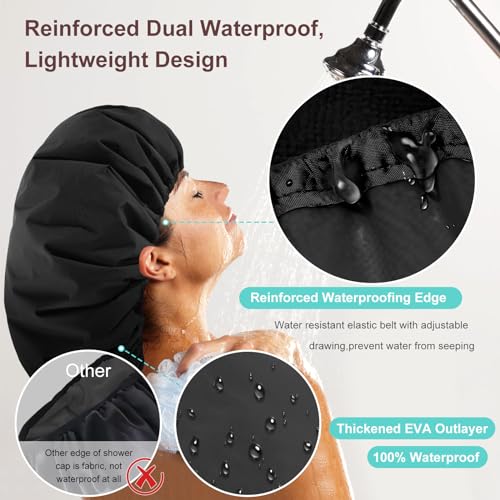 2 Pcs 13.5" Dual Waterproof Adjustable Terry Lined Shower Cap for Women Men, Large Shower Caps Reusable EVA Double Layer Bath Cap for Braids, Long Hair, Dreadlocks, Locs