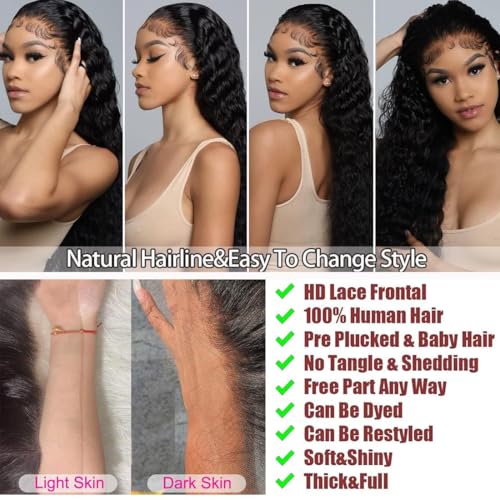 13x6 Deep Wave Lace Front Wigs Human Hair 200 Density HD Transparent Deep Curly Lace Front Wig Human Hair Lace Frontal Wigs for Women Pre Plucked Natural Black (Black, 26 inch)