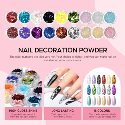 Acrylic Nail Kit for Beginners with Everything 3pc Acrylics Powder 6pcs Gel Nail Polish 18pcs Glitter Decoration Powder Professional Nails Kit Acrylic Set with U V Light and Drill Gifts for Women