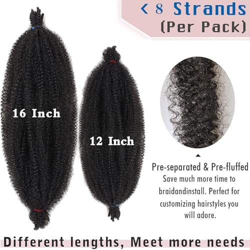 16 Inch Pre-Separated Springy Afro Twist Hair 8 Packs Spring Twist Hair For Distressed Soft Locs Natural Black Marley Twist Crochet Braiding Hair Synthetic Hair Extensions (8 Strands/Pack,1B#)