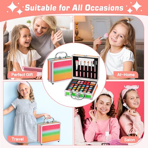 Anpro All-In-One Makeup Carry Case with Pro Teen Makeup Set, Full Starter Cosmetics Kit with Makeup Brushes, Eye Shadows Palette, Blushes, Glitter Gel, Temporary Tattoo Stickers