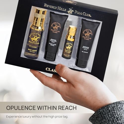 Beverly Hills Polo Club BHPC 4 Piece Economy Gift Set, with Eau De Toilette, Body Spray, After Shave & Shower Gel (Classic)