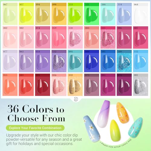 AZUREBEAUTY 170Pcs Dip Powder Nail Kit, 36 Color Neon Bright Blue Yellow with Dipping Powder Base/top Coat Activator Liquid Set & Removel Kit for French Nail Art Salon DIY Home