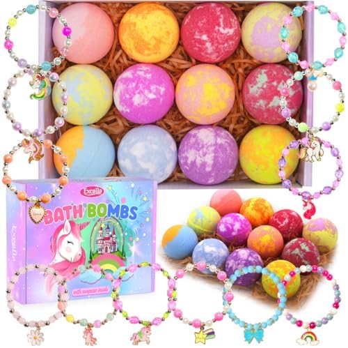 Unicorn Bath Bombs for Kids Girls with Toys Surprise Jewelry Inside, 12pcs Kids Bath Bombs Gift Set, Handmade Bubble Bath Fizzes Bomb for Birthday Christmas Easter Present