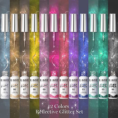 RARJSM Reflective Glitter Nail Art Gel Liner Flash Diamond Painted Gel Nail Polish 12 Colors 5ml Sparkle Silver Brown Hot Pink Green Black Pigment UV LED Soak off Curing Requires for Nail Design