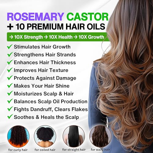 Organic Rosemary Oil For Hair Growth with Castor, Argan, Coconut, Almond, Jojoba, Avocado, Grapeseed, Vitamin E, Lavender & Peppermint for Hair & Scalp Treatment, All Hair Types, Men & Women 4oz