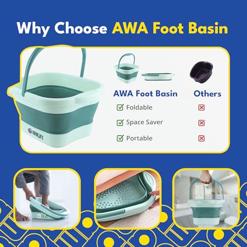 AWA Foot Soaking Tub, Collapsible Foot Bath Soak Tub for Soaking Feet, Pedicure Bowl, Plastic Feet Soaking Tub with Acupressure Massage Points, Foldable Laundry Basket (Teal Foot Tub)