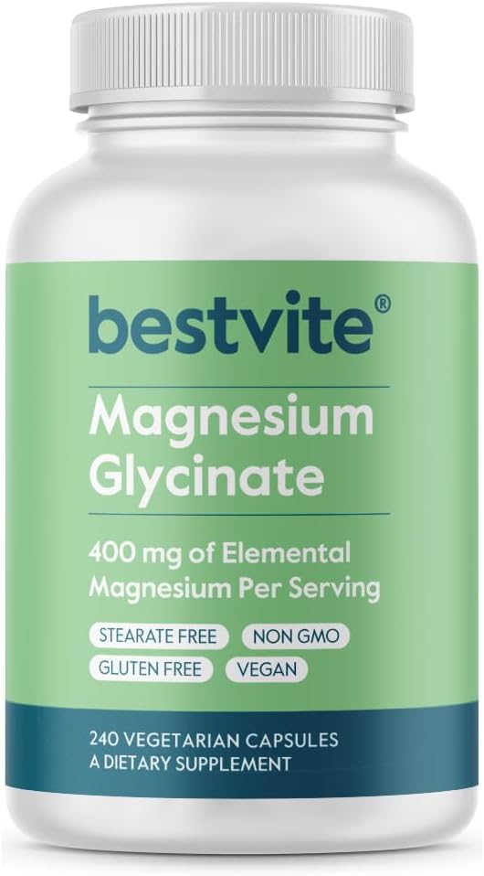 BESTVITE Magnesium Glycinate - 400mg of Magnesium per Serving (240 Vegetarian Capsules) - No Stearates - No Silicon Dioxide - Vegan - Non GMO - Gluten Free