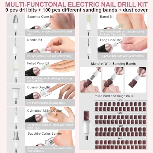Professional Manicure Pedicure Kit, 9 in 1 Cordless Nail Drill with 100 pcs Nail Drill Bits Sanding Bands, Nail Grinder for Human, 5 Speeds, Nail Dremel Kit for Home and Salon Use