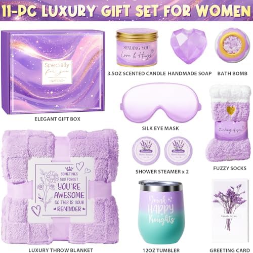 Birthday Gifts for Women, Self Care Gifts Get Well Soon Gifts Basket for Women Lavender Relaxing Spa Gifts Care Package w/ Blanket Unique Mothers Day Gifts for Mom Her Wife Girlfriend Friend Sister