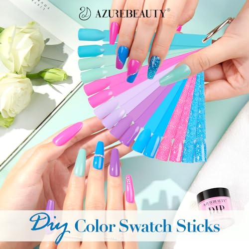 AZUREBEAUTY Dip Nail Powder Starter Kit with Matte Coat, 8 Colors Hot Pink Blue Purple Glitter Spring Dipping Powder Liquid Set with Base/Top Coat Activator 10 Nail Sticks for French Manicure