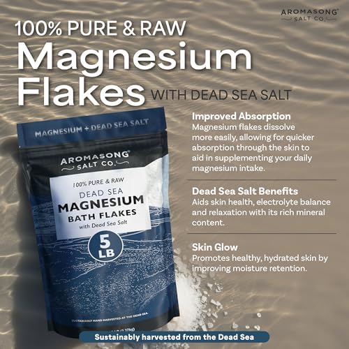 Aromasong Raw Magnesium Flakes for Bath + Dead Sea Salt for Soaking - 5 Lb Resealable Pack Magnesium Chloride Flakes - Organic Bath Salt Relaxing Mineral Soak (Packaging May Vary)
