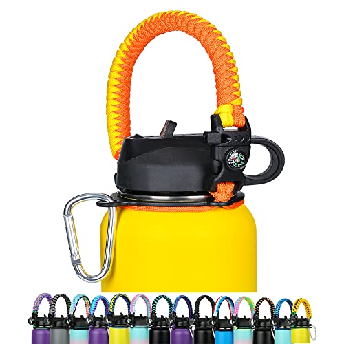 Paracord Handle - Fits Wide Mouth Bottles 12oz to 64oz - Durable Carrier, Paracord Carrier Strap Cord with Safety Ring,Compass and Carabiner - Ideal Water Bottle Handle Strap (Orange Fire)