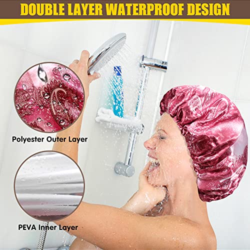 4 Packs Shower Caps, Extra Large Adjustable Double Layer Waterproof Hair Cap for Women, Waterproof Exterior & EVA Lining, Oversized Design for Long Thick Hair (Starlight Printing, X-Large)