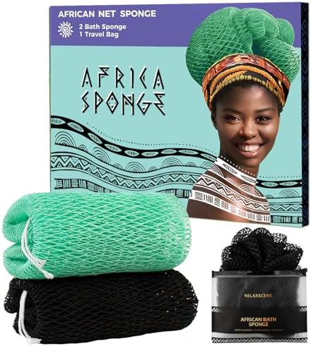 African Exfoliating Net Sponge Black - 2 Pieces Real African Loofah Shower Sponges - Body Scrubber Exfoliating Washcloth Black & Seawave - Africa Bath Sponges for Back Scrubber Shower Accessories