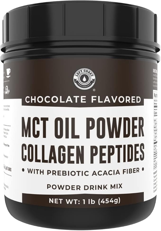 Keto MCT Oil Powder + Collagen + Prebiotic Acacia Fiber, Chocolate Flavor, 16oz. MCT Oil Powder from Coconuts. Grass Fed Collagen, Perfect for Keto, 0 Net Carb, Stevia, Erythritol, Powdered Drink