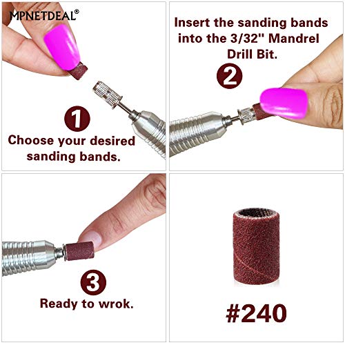 300pcs Sanding Bands Grit #240 for Acrylic Nails for Efile Nail Drill bits with Mandrel