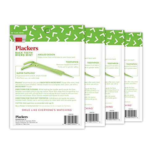Plackers Back Teeth Micro Mint Dental Flossers, Delicious Mint Flavor, Provides Easy Access for Back Teeth, Built-in Protected Pick, Easy Storage, 75 Count, Pack of 4