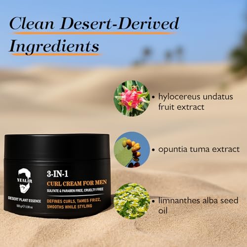 3-in-1 Curl Cream for Men - Defines Curls, Tames Frizz, Adds Smoothness and Texture for Curly and Wavy Hair, Hair Styling Cream with Desert Derived Extracts, Sulfate - Free 3.38 oz