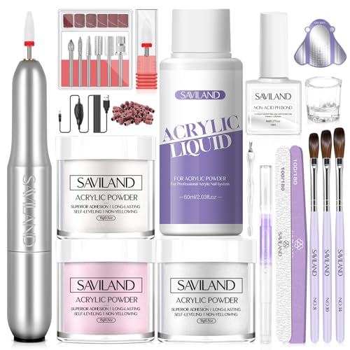 SAVILAND Acrylic Nail Kit with Drill: Professional Clear Pink White Acrylic Powder and Liquid Set with Brush for Beginner Application at Home Salon DIY Nail Extension