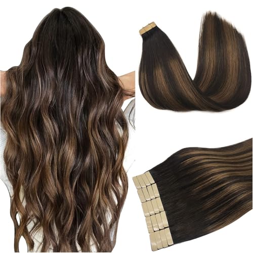 DOORES Tape in Hair Extensions Human Hair, Balayage Dark Brown to Chestnut Brown 50g 20pcs 18 Inch, Human Hair Extensions Natural Remy Straight Hair Skin Weft