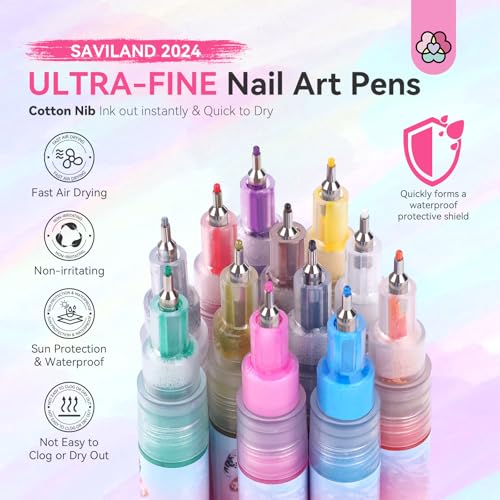 SAVILAND Nail Art Pens Set: 12 Colors 0.5MM 3D Nail Polish Pens Quick Drying Acrylic Paint Nail Art Markers Nail Point Graffiti Dotting Tools Drawing Painting Liner Nail Art Design Pens Home DIY