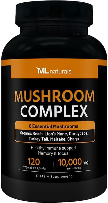 Mushrooms Complex 120 Vegetable Capsules. 6 Essential Mushrooms: Organic Reishi, Lion's Mane, Cordyceps, Turkey Tail, Maitake, Chaga. Healthy Immune Support. Non-GMO.